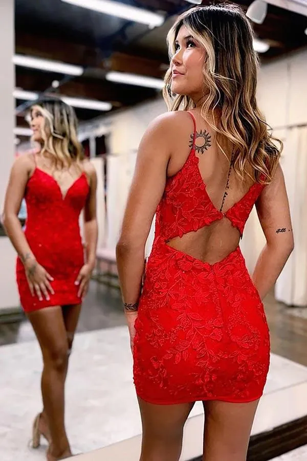 Cute Red Mermaid V-neck Spaghetti Straps Lace Homecoming Dresses, MH596