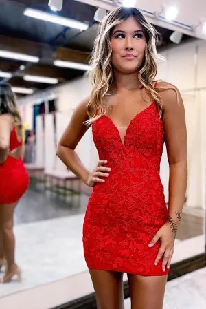 Cute Red Mermaid V-neck Spaghetti Straps Lace Homecoming Dresses, MH596