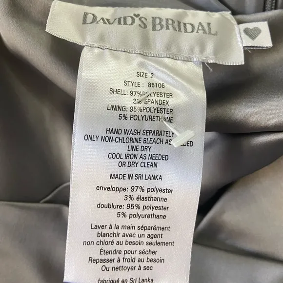 David’s Bridal Bridesmaid Prom Formal Satin Gray one shoulder sz 2 #023
