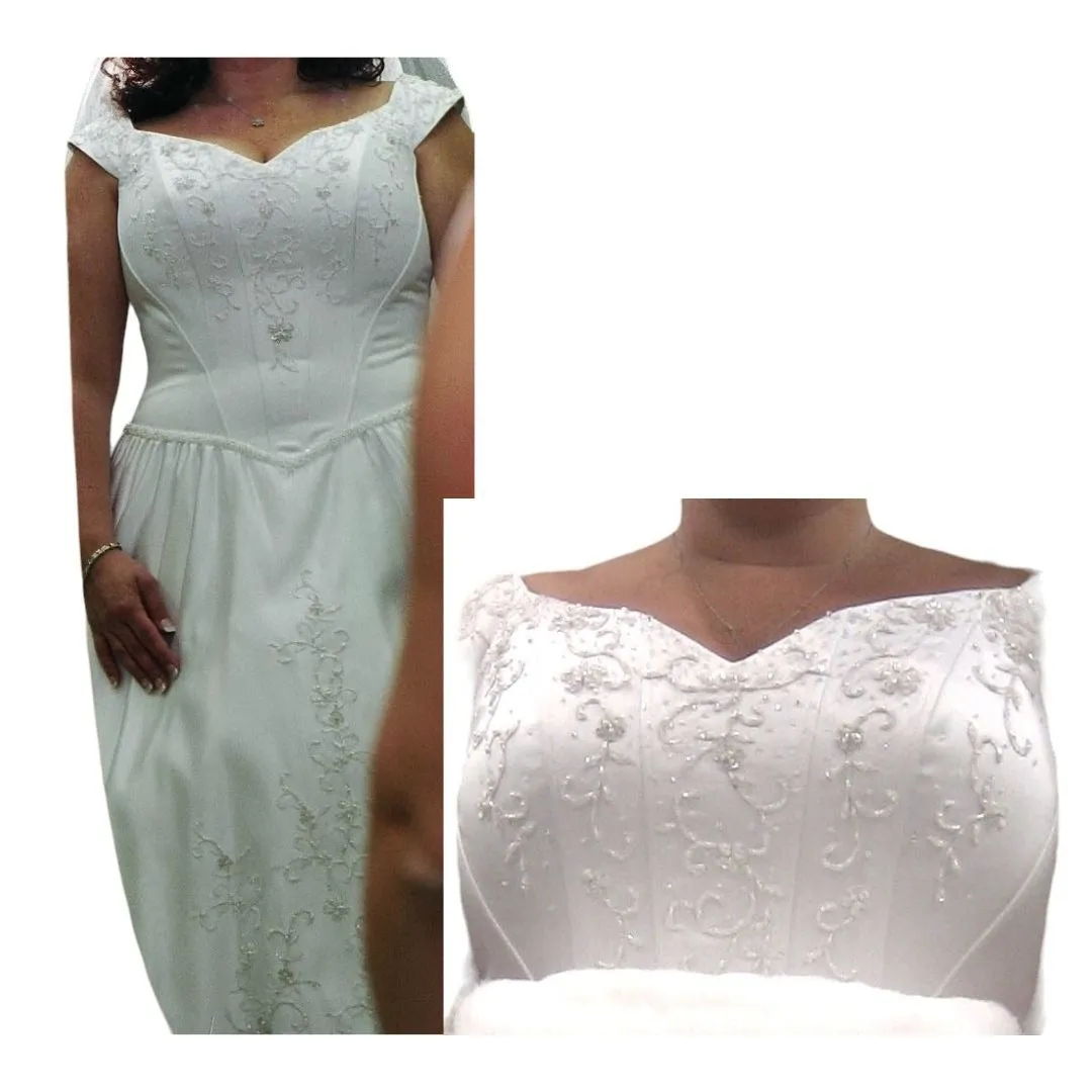 David's Bridal Wedding Dress 16W Gown Off Shoulder Corset Beaded Metallic Lace Cathedral Train