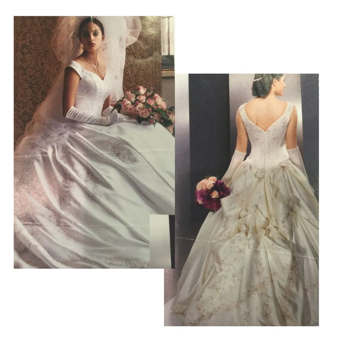 David's Bridal Wedding Dress 16W Gown Off Shoulder Corset Beaded Metallic Lace Cathedral Train