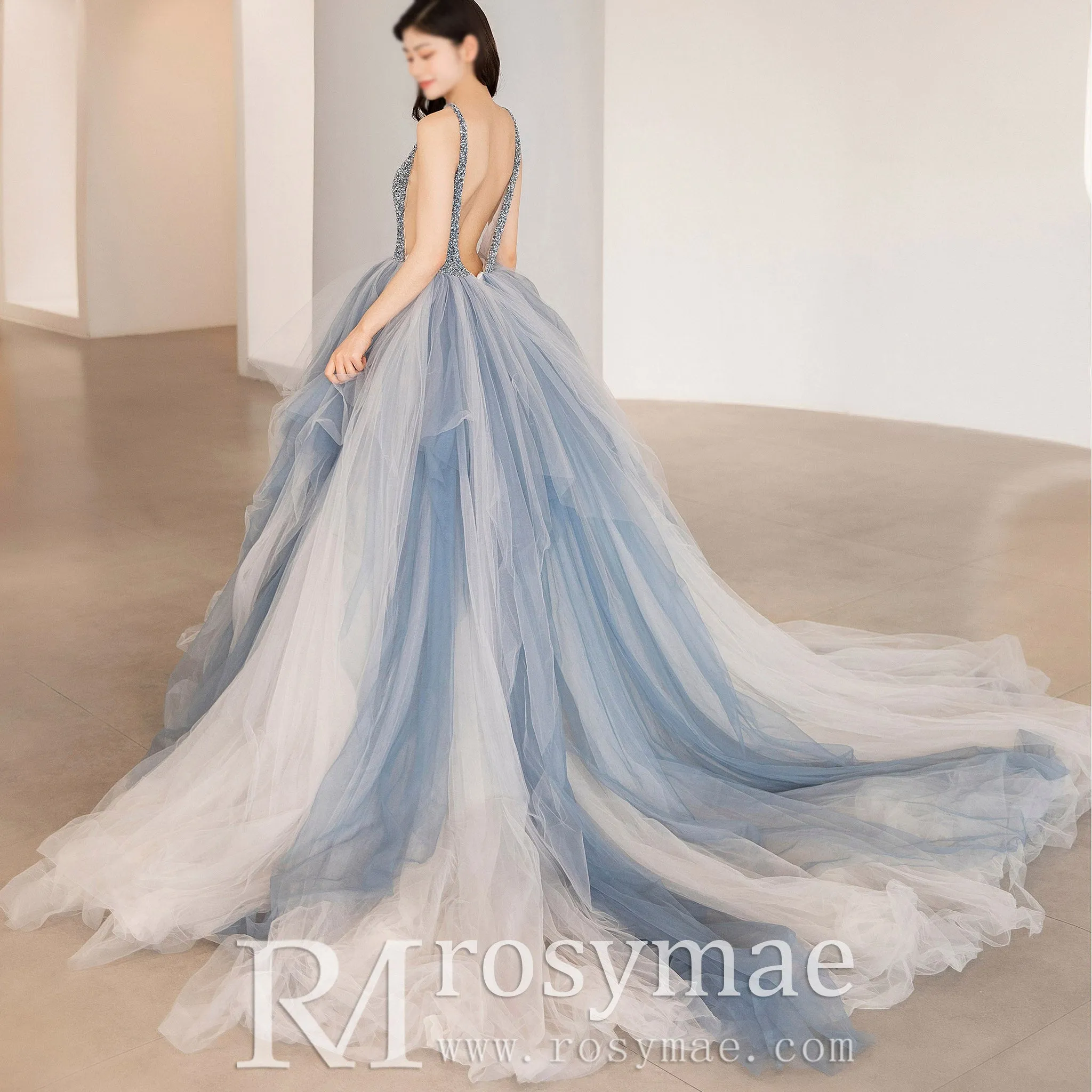 Deep V-neck Beaded Crystals A-line China Blue Formal Dresses