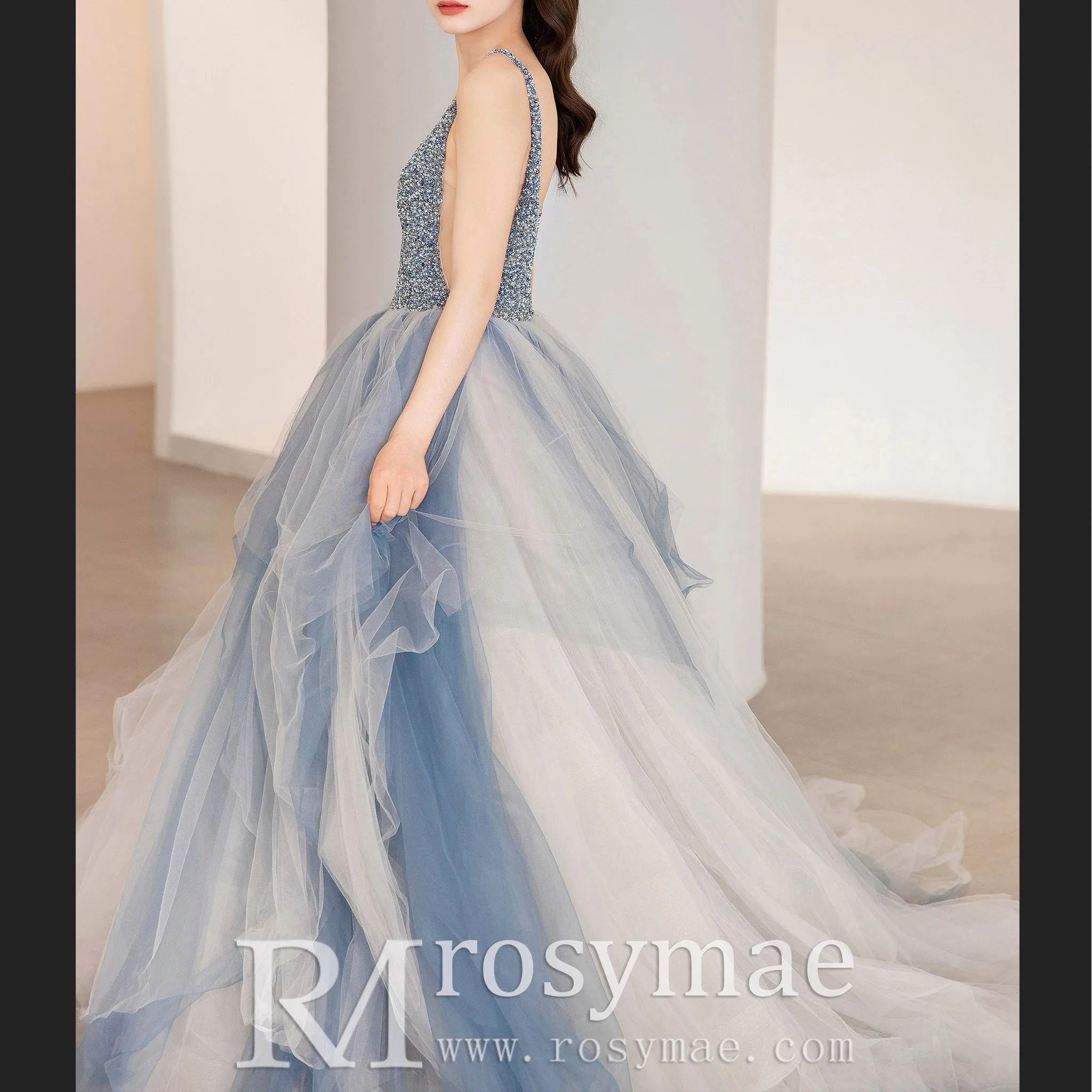 Deep V-neck Beaded Crystals A-line China Blue Formal Dresses