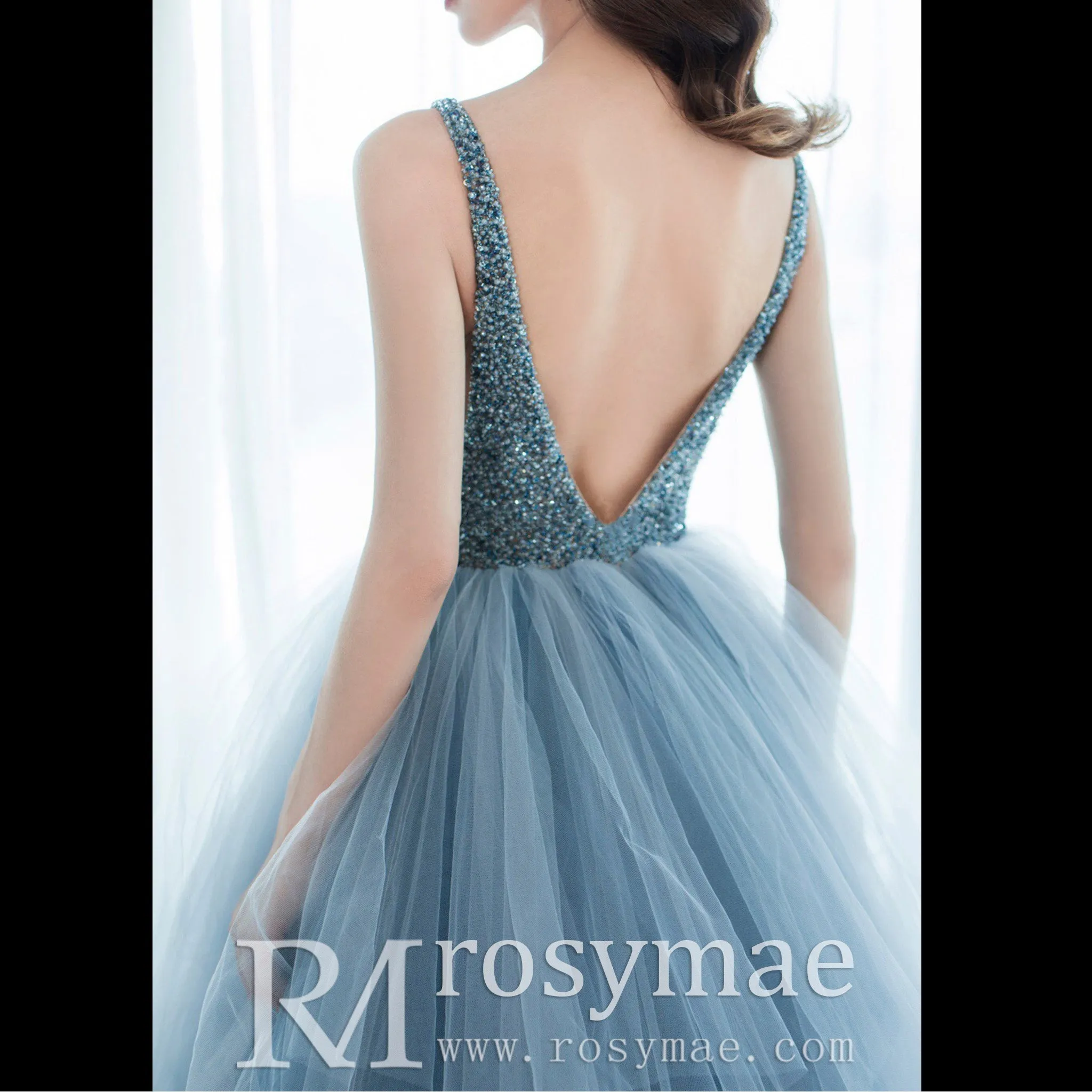 Deep V-neck Beaded Crystals A-line China Blue Formal Dresses