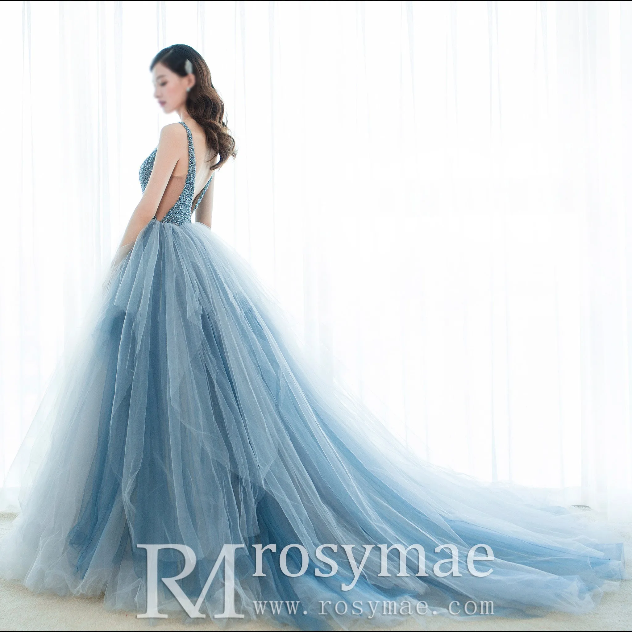 Deep V-neck Beaded Crystals A-line China Blue Formal Dresses