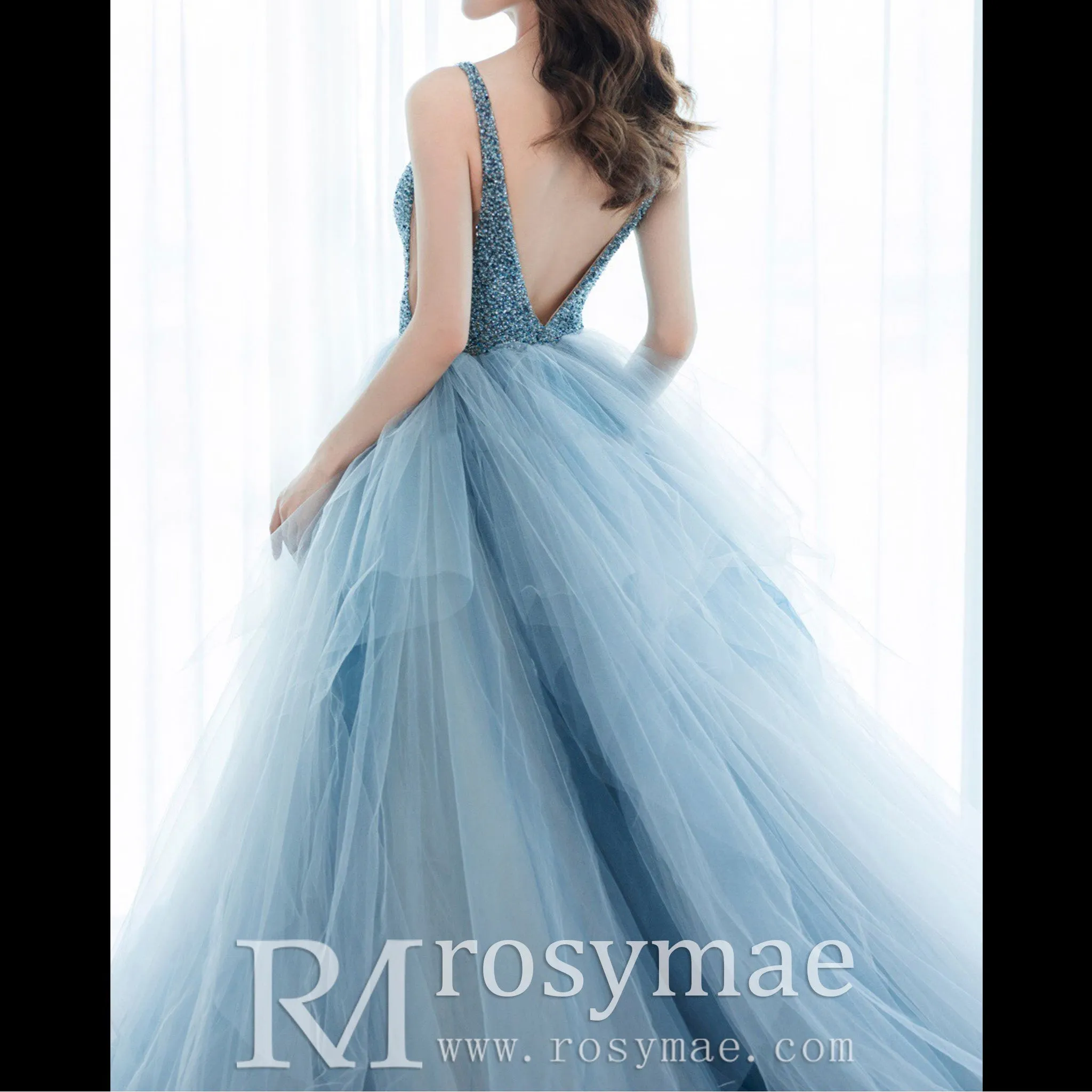 Deep V-neck Beaded Crystals A-line China Blue Formal Dresses