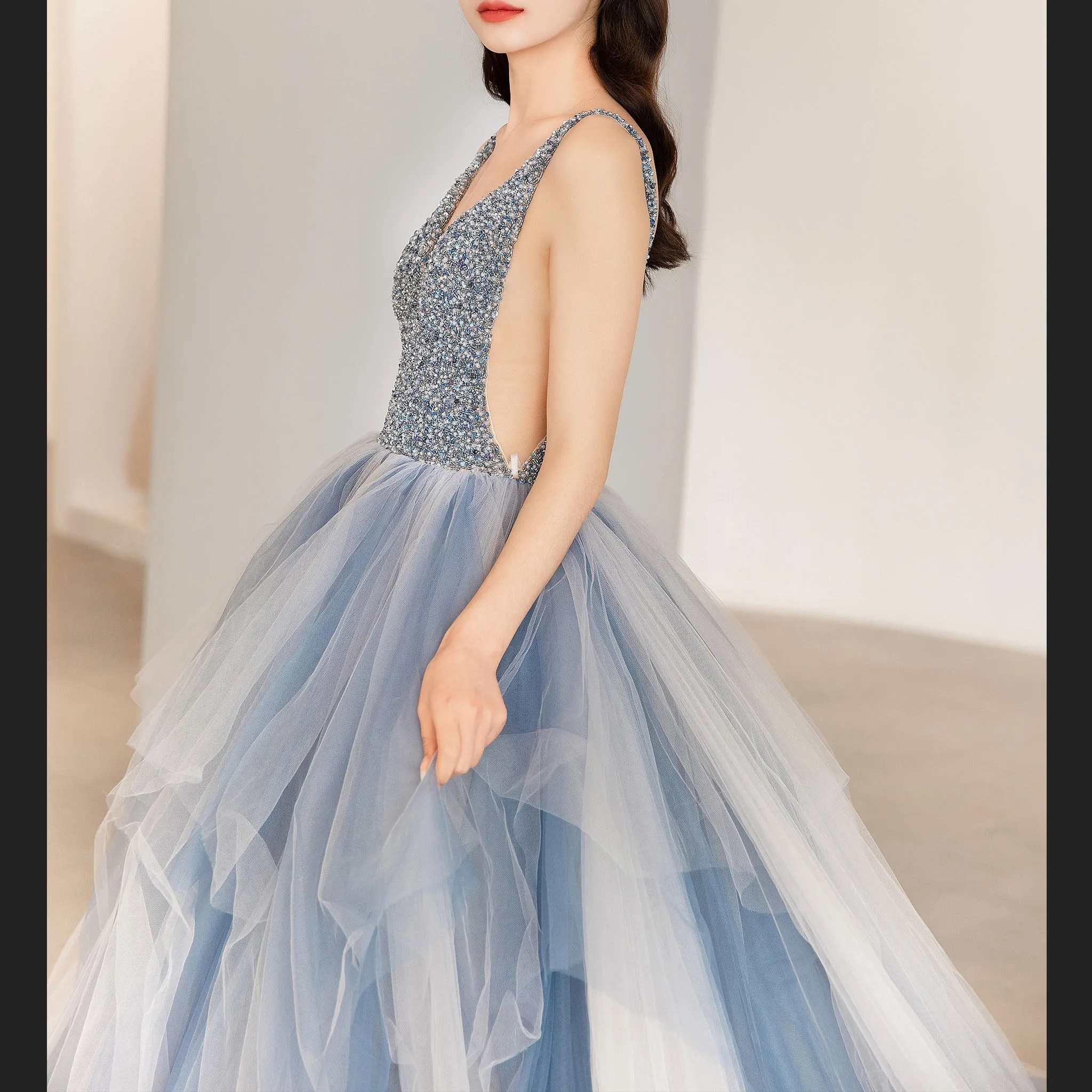 Deep V-neck Beaded Crystals A-line China Blue Formal Dresses