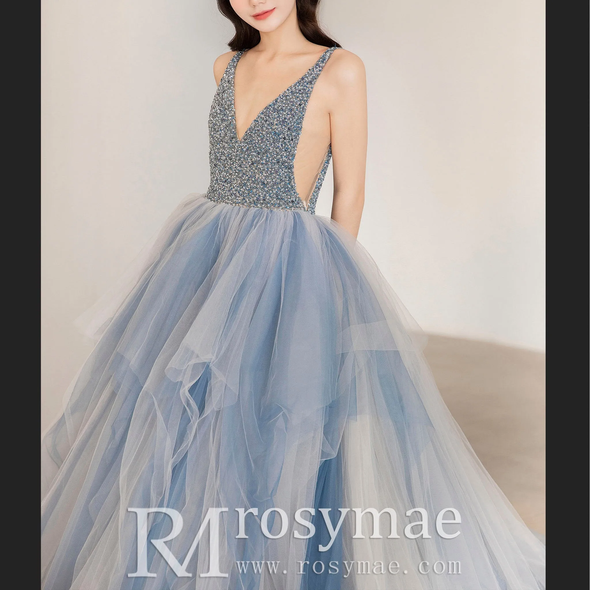 Deep V-neck Beaded Crystals A-line China Blue Formal Dresses