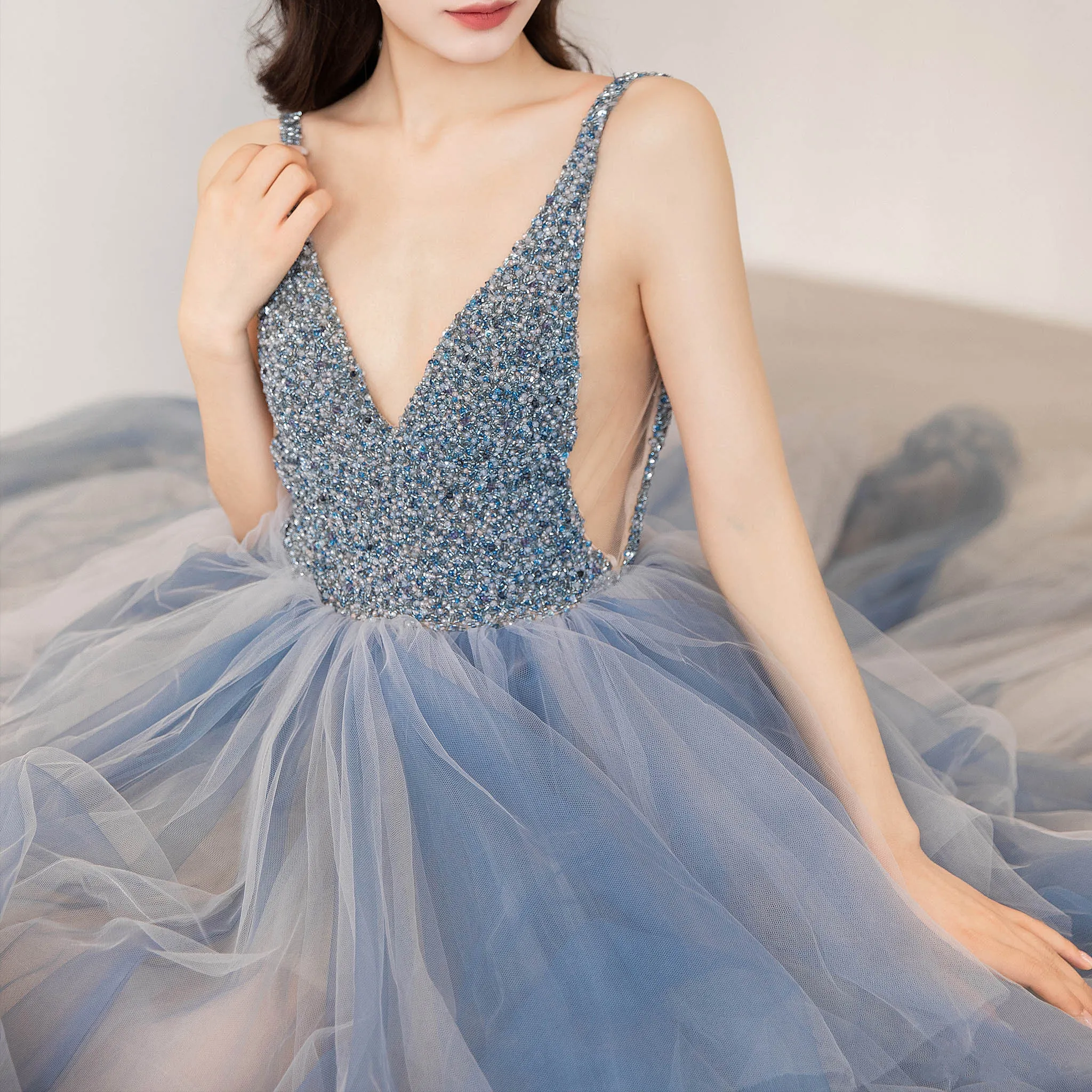 Deep V-neck Beaded Crystals A-line China Blue Formal Dresses