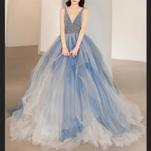 Deep V-neck Beaded Crystals A-line China Blue Formal Dresses