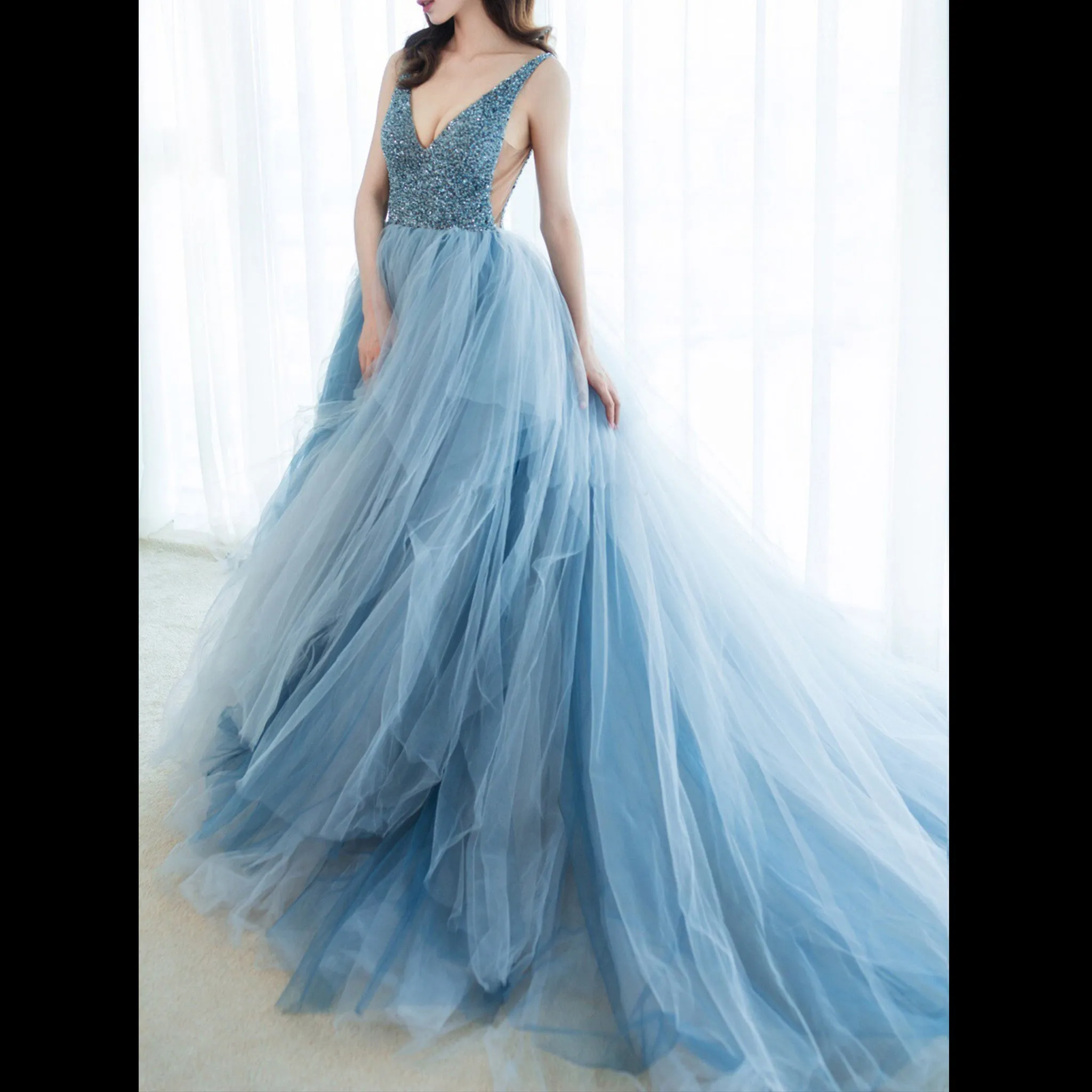 Deep V-neck Beaded Crystals A-line China Blue Formal Dresses