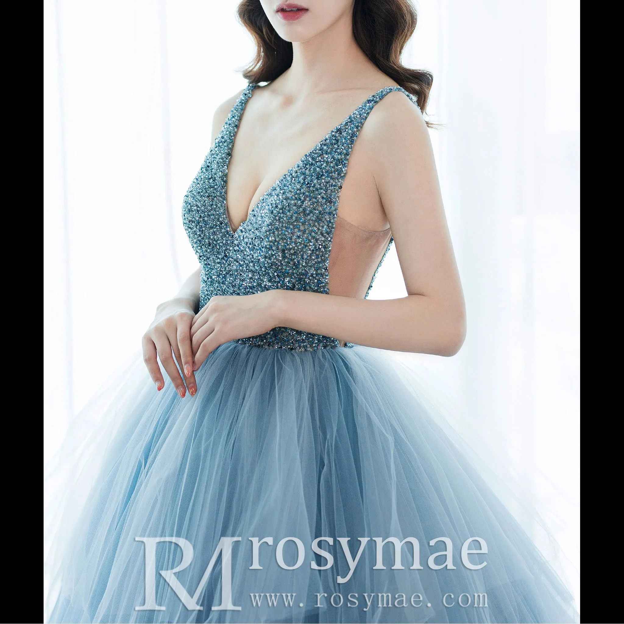 Deep V-neck Beaded Crystals A-line China Blue Formal Dresses