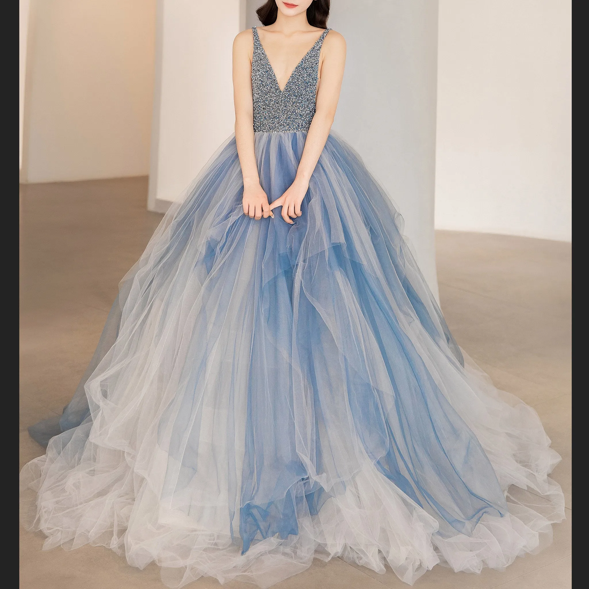 Deep V-neck Beaded Crystals A-line China Blue Formal Dresses