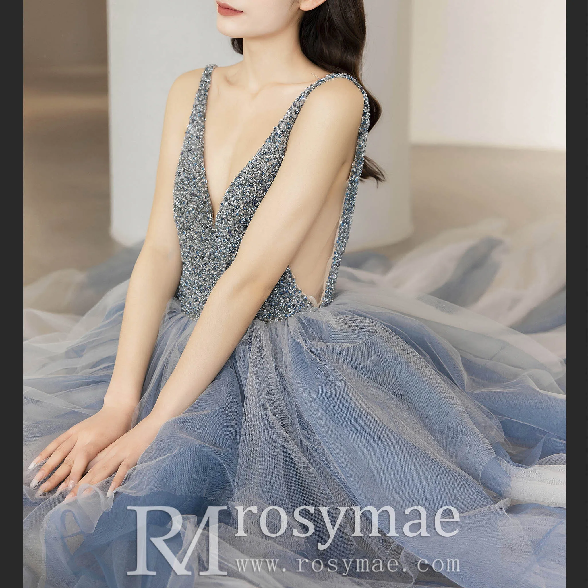 Deep V-neck Beaded Crystals A-line China Blue Formal Dresses