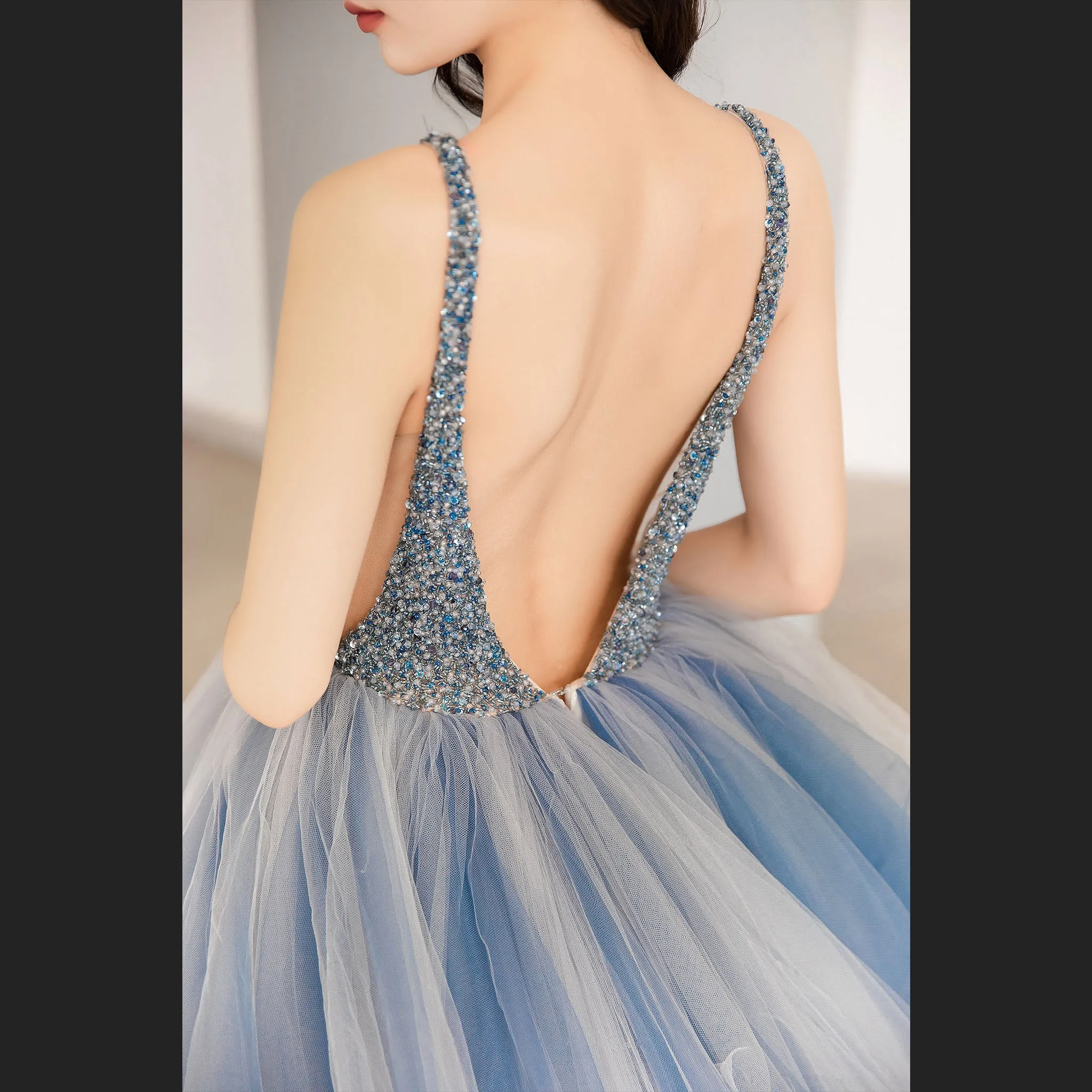 Deep V-neck Beaded Crystals A-line China Blue Formal Dresses