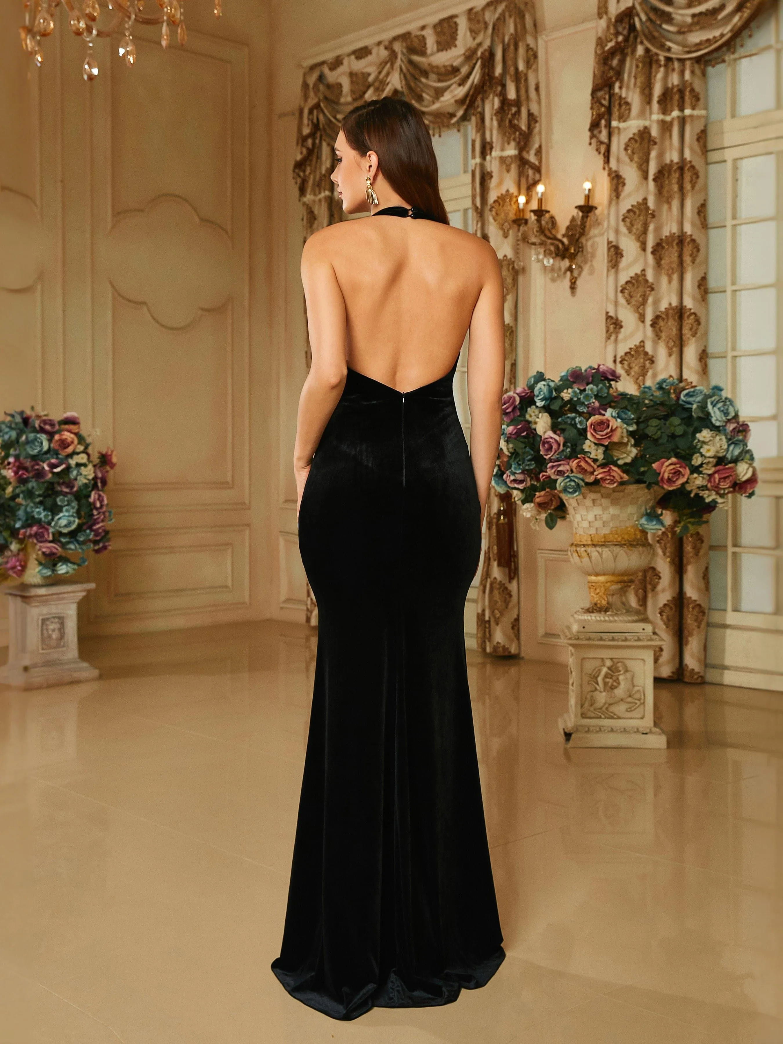 Deep V-Neck Halter Velvet Black Evening Dress RJ10421