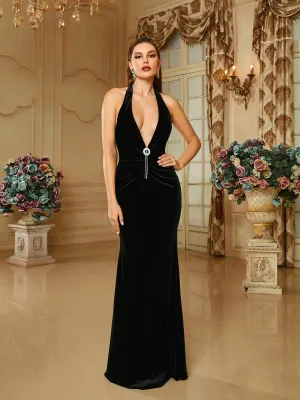 Deep V-Neck Halter Velvet Black Evening Dress RJ10421