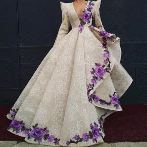 deep v neck prom dresses 2020 lace long sleeve embroidery appliqué elegant unique prom gown