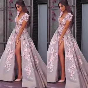 deep v neck prom dresses long short sleeve pink floral elegant prom gowns robe de soiree