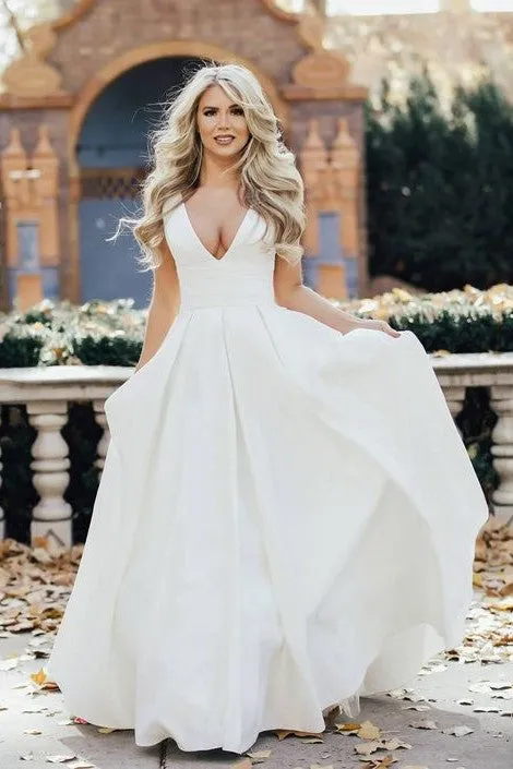 Deep V-neck Satin Bride Dresses for Wedding vestido de boda