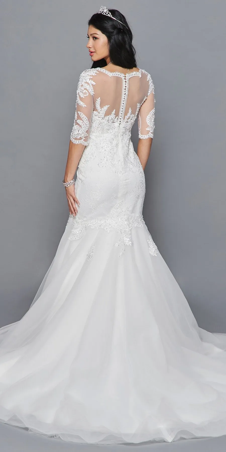 DeKlaire Bridal 418 Mid Length Sleeve V-Neckline Mermaid Court Train Wedding Dress