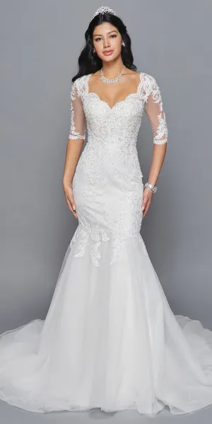 DeKlaire Bridal 418 Mid Length Sleeve V-Neckline Mermaid Court Train Wedding Dress