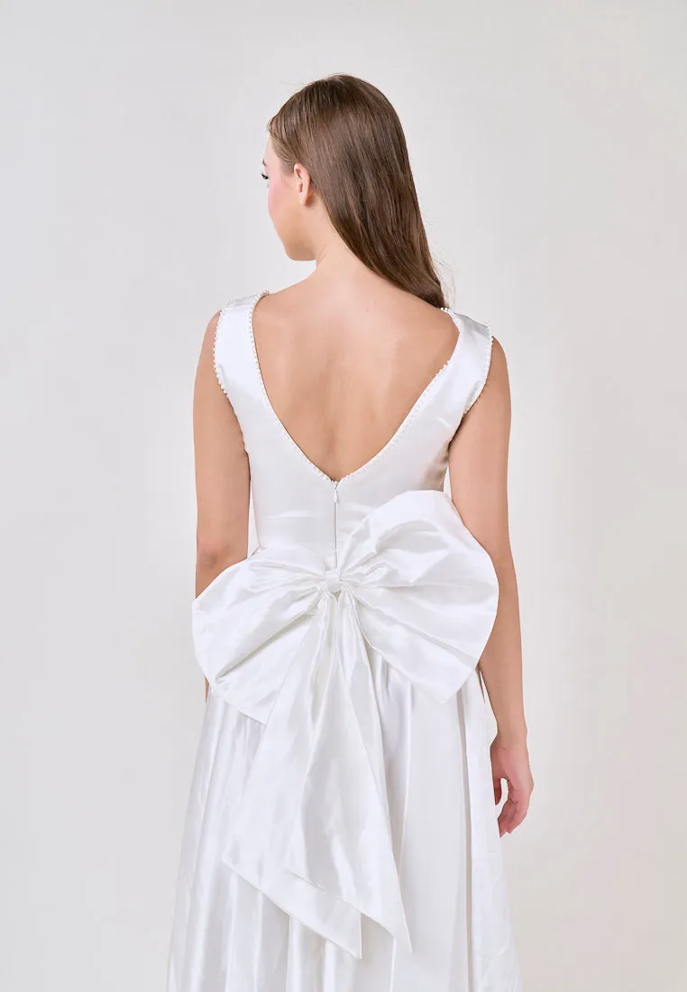 Delanie White A-Line Satin Scoop Back Ribbon Midi Dress