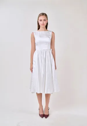 Delanie White A-Line Satin Scoop Back Ribbon Midi Dress