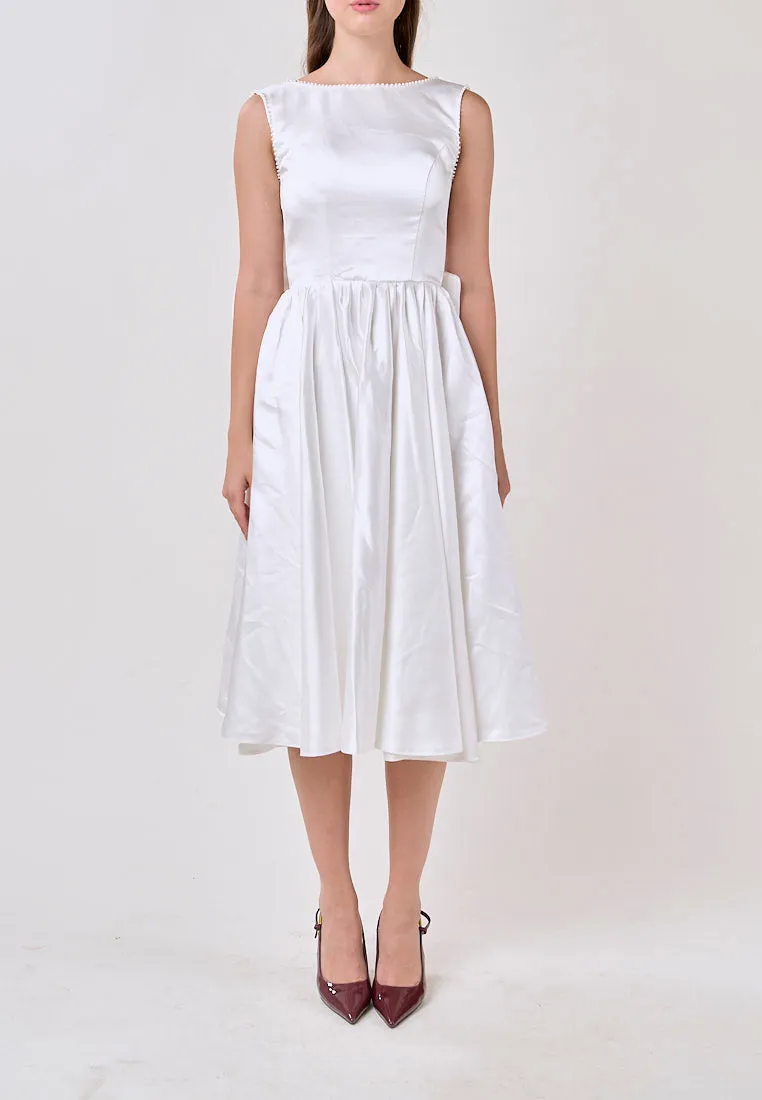 Delanie White A-Line Satin Scoop Back Ribbon Midi Dress