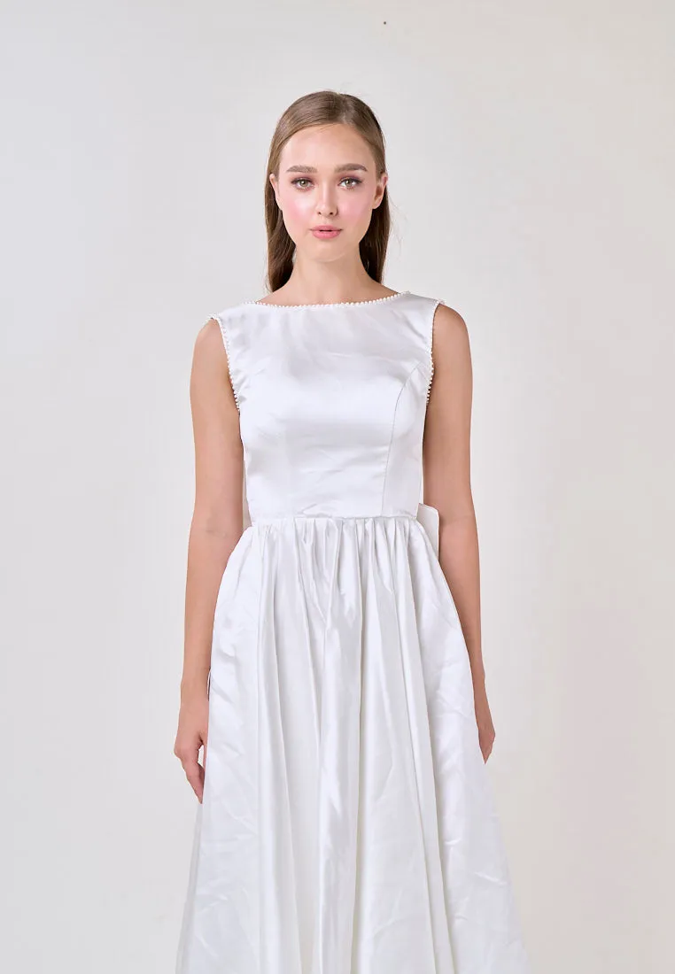 Delanie White A-Line Satin Scoop Back Ribbon Midi Dress