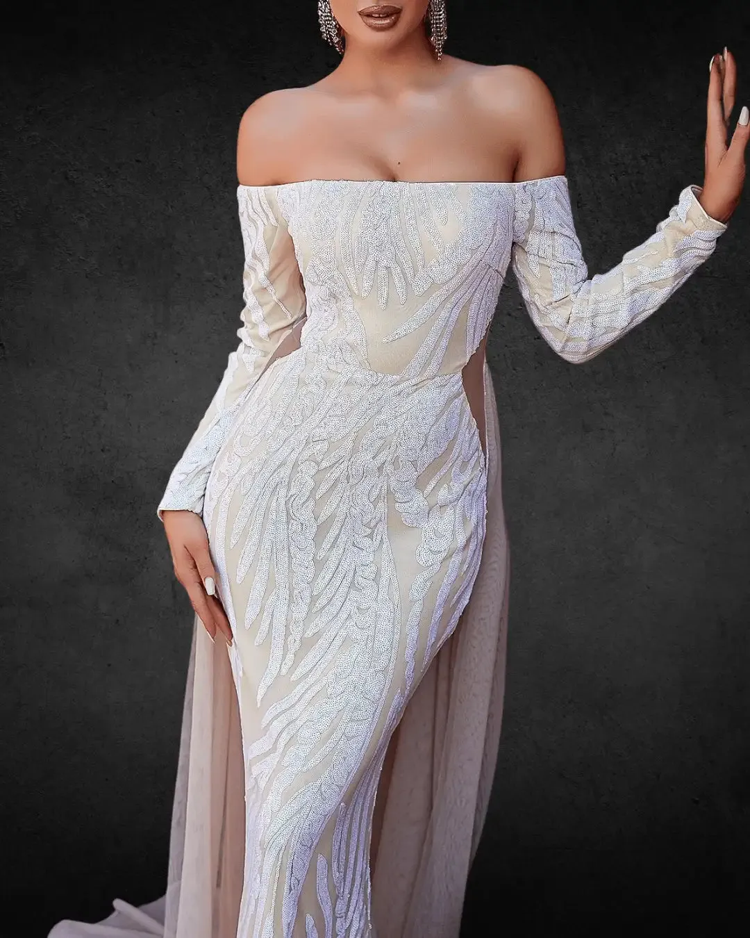Designer Off-the-Shoulder Mermaid Bridal Gown with Long Sleeves, Geometric Pattern, and Contrast Sequin Detailing