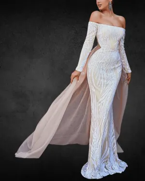 Designer Off-the-Shoulder Mermaid Bridal Gown with Long Sleeves, Geometric Pattern, and Contrast Sequin Detailing