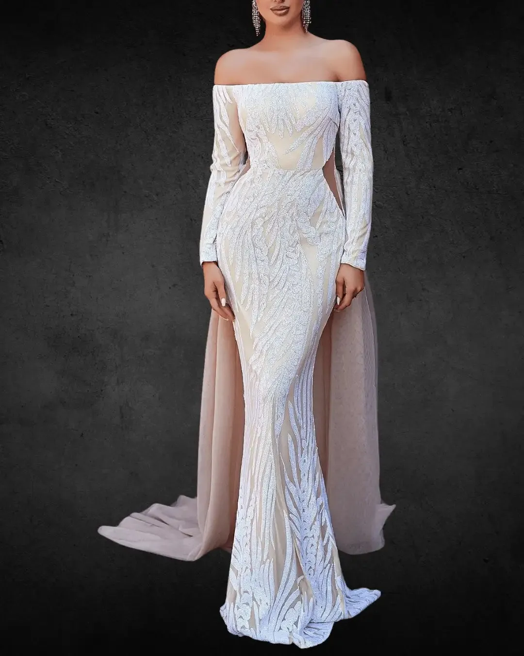 Designer Off-the-Shoulder Mermaid Bridal Gown with Long Sleeves, Geometric Pattern, and Contrast Sequin Detailing