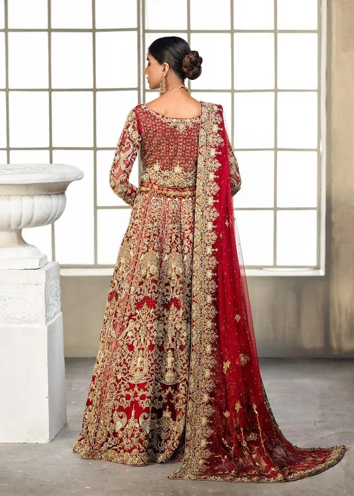 Designer Pakistani Bridal Dress in Embellished Red Golden Lehenga Bridal Combination in Lehenga Choli for Barat Wear #BN928
