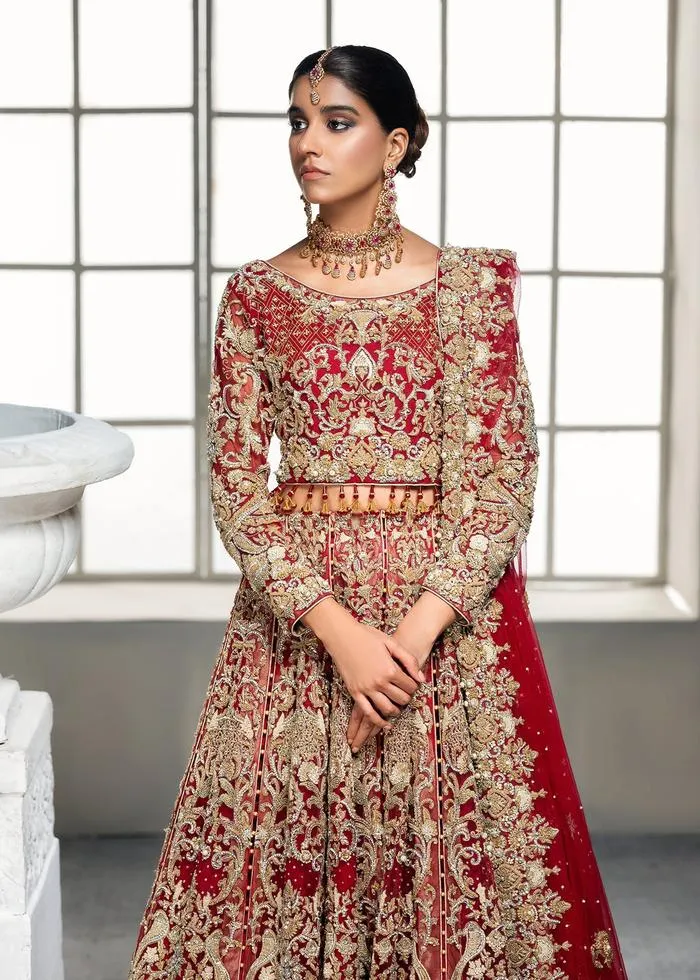 Designer Pakistani Bridal Dress in Embellished Red Golden Lehenga Bridal Combination in Lehenga Choli for Barat Wear #BN928