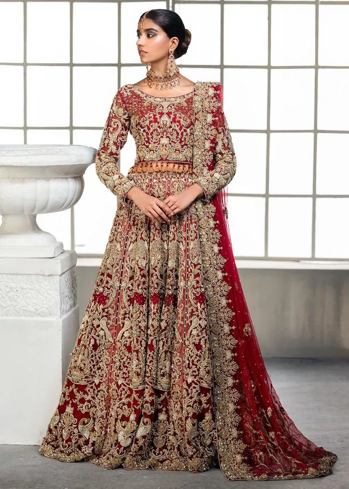Designer Pakistani Bridal Dress in Embellished Red Golden Lehenga Bridal Combination in Lehenga Choli for Barat Wear #BN928