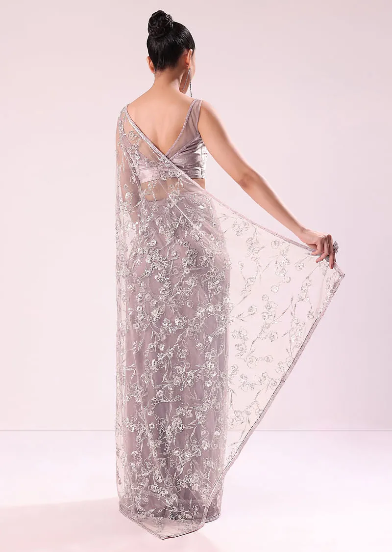 Dusty Lilac Fancy Sequence Net Saree With Velvet Stitched