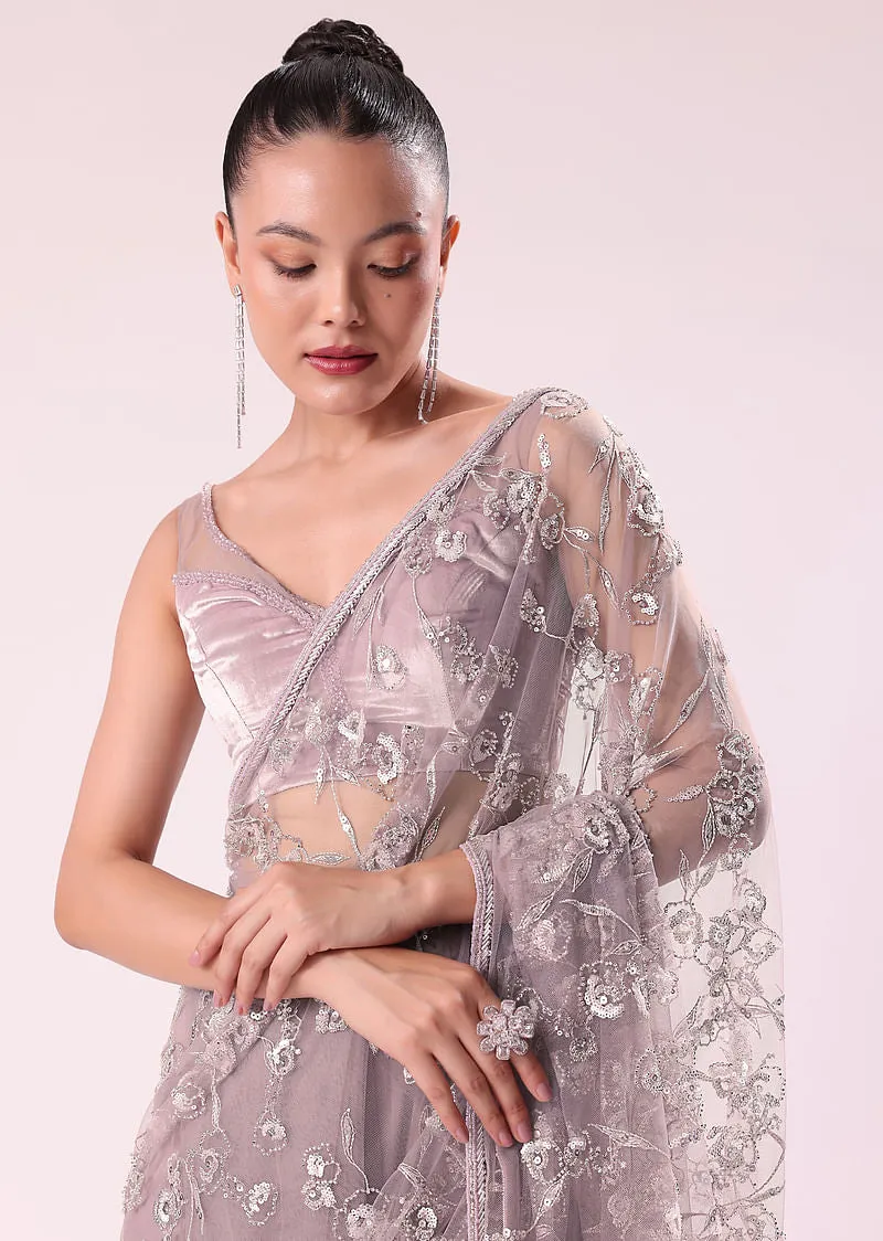 Dusty Lilac Fancy Sequence Net Saree With Velvet Stitched