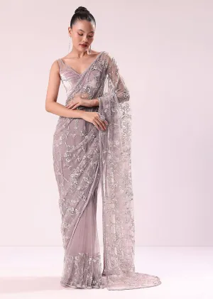 Dusty Lilac Fancy Sequence Net Saree With Velvet Stitched