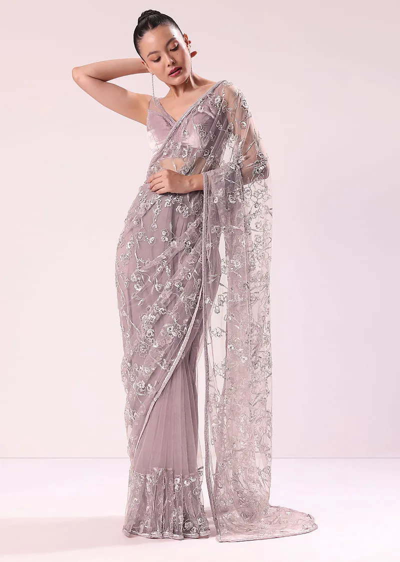 Dusty Lilac Fancy Sequence Net Saree With Velvet Stitched