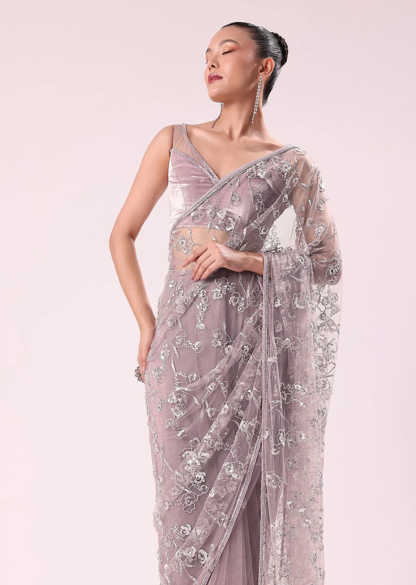 Dusty Lilac Fancy Sequence Net Saree With Velvet Stitched