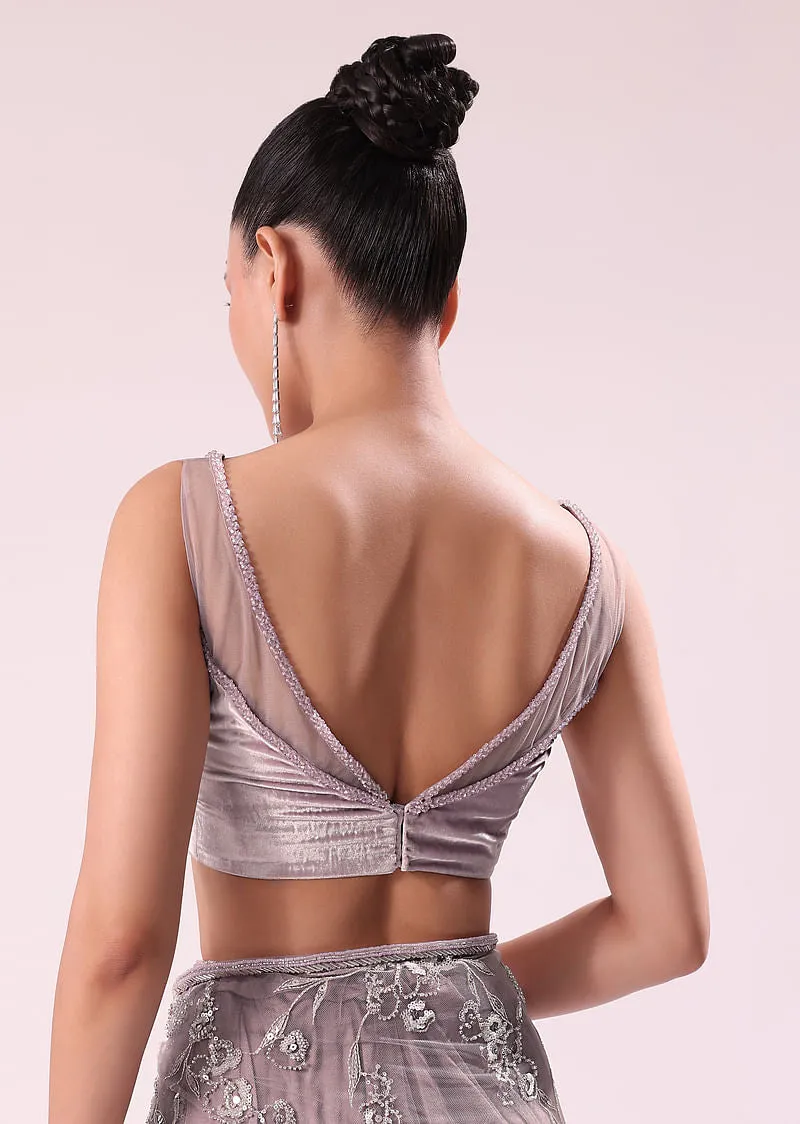Dusty Lilac Fancy Sequence Net Saree With Velvet Stitched