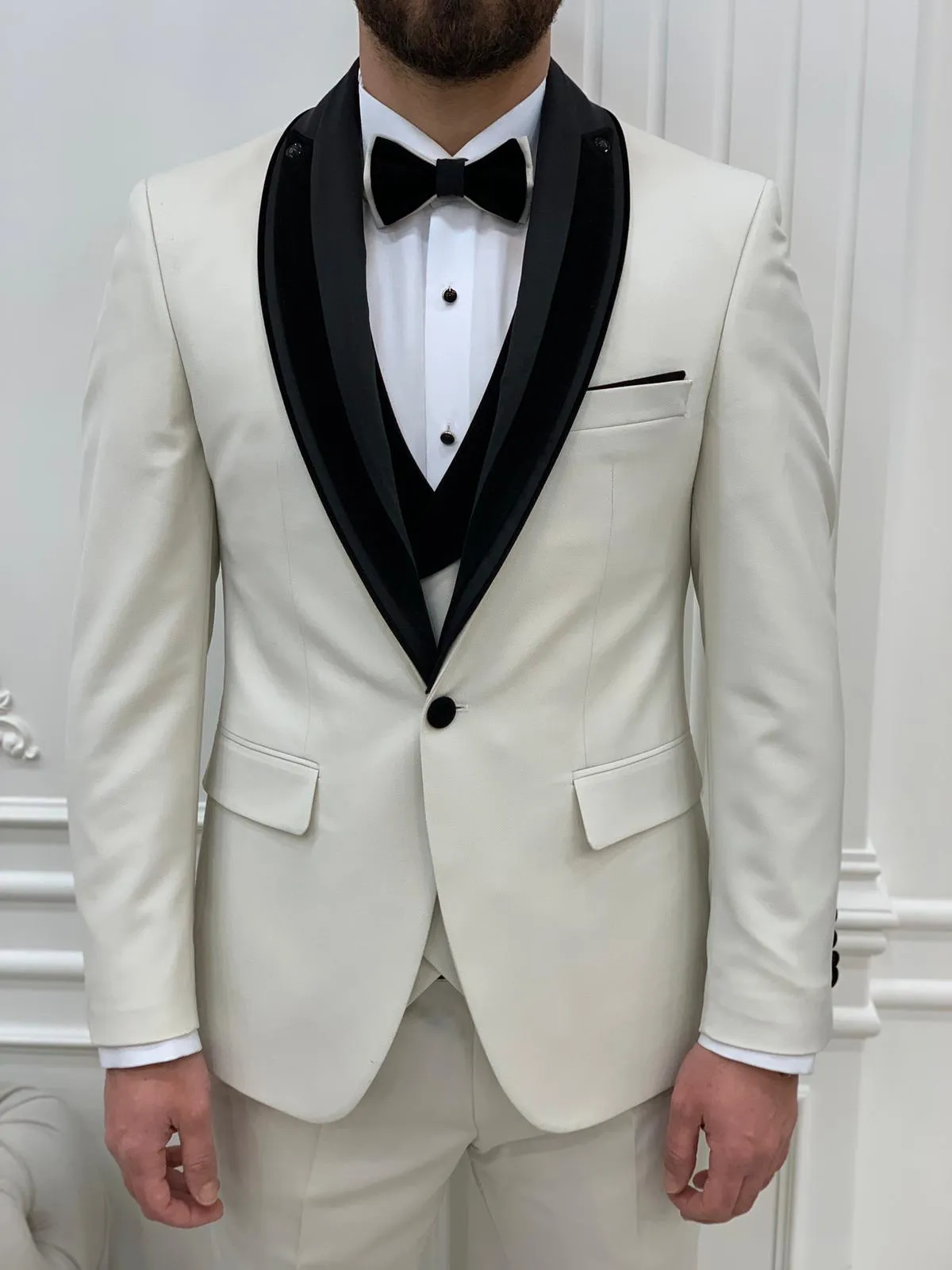 Eden Off White Slim Fit Velvet Satin Shawl Lapel Tuxedo