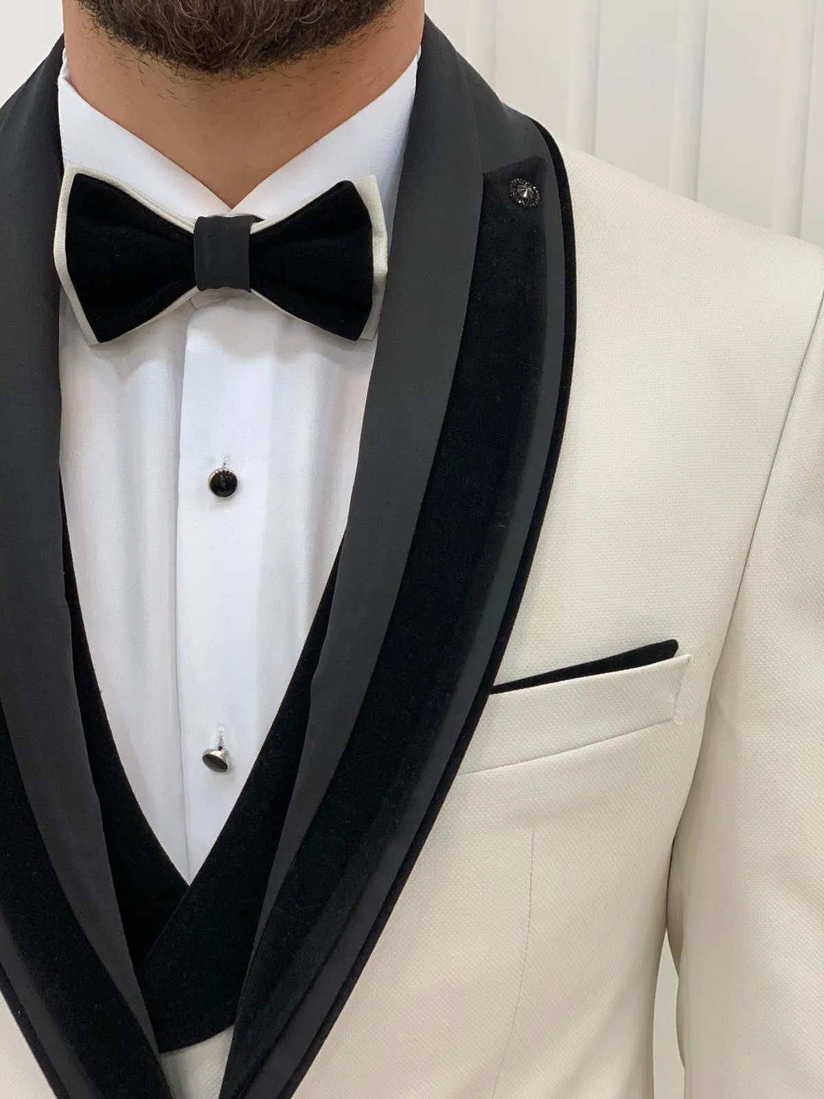 Eden Off White Slim Fit Velvet Satin Shawl Lapel Tuxedo