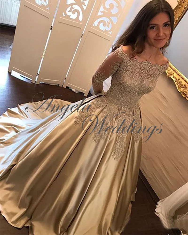 Elaborate Gold Lace Full Sleeve Prom Dresses Ball Gown 2020