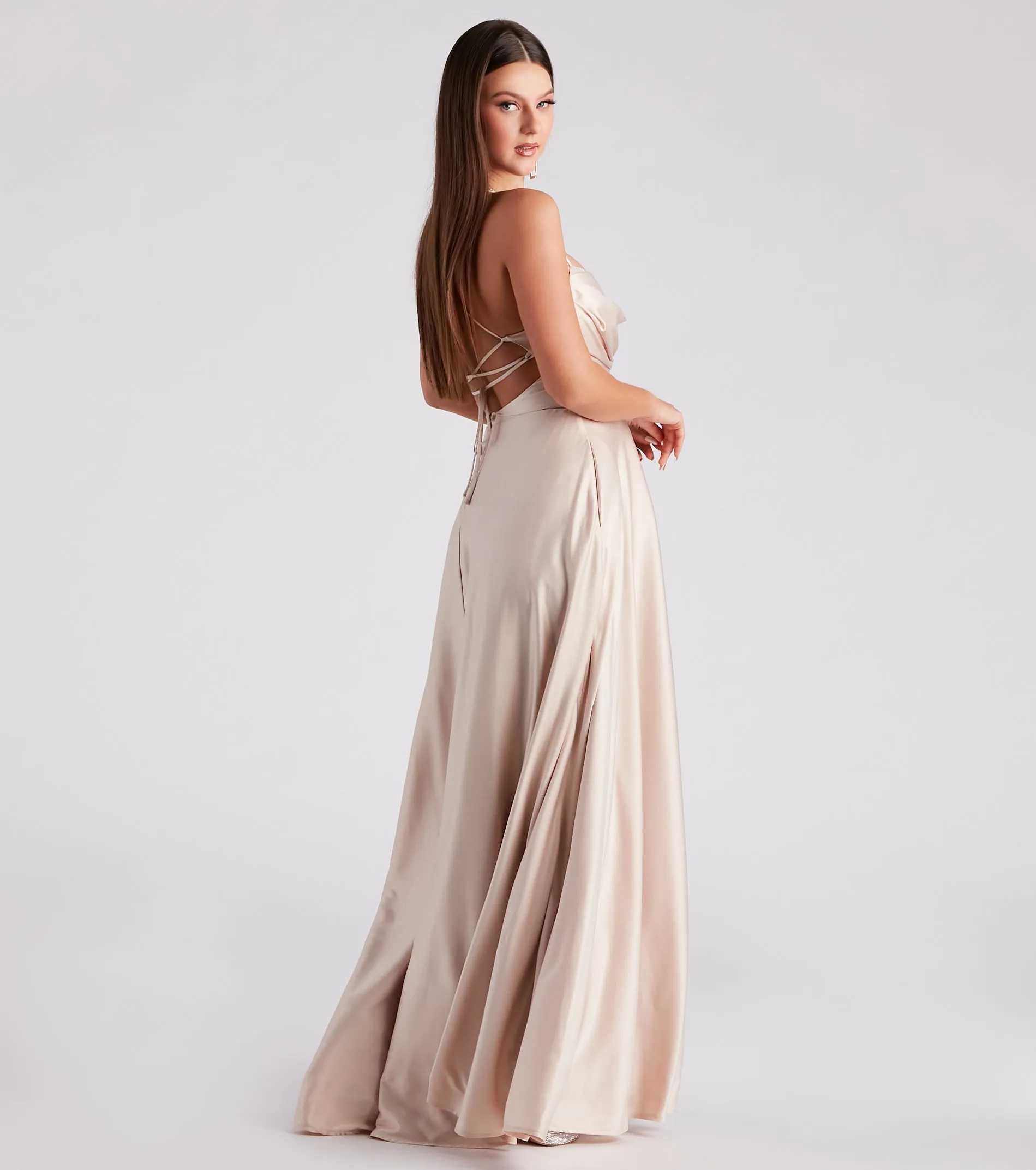 Elaina Formal Satin Cowl A-Line Dress
