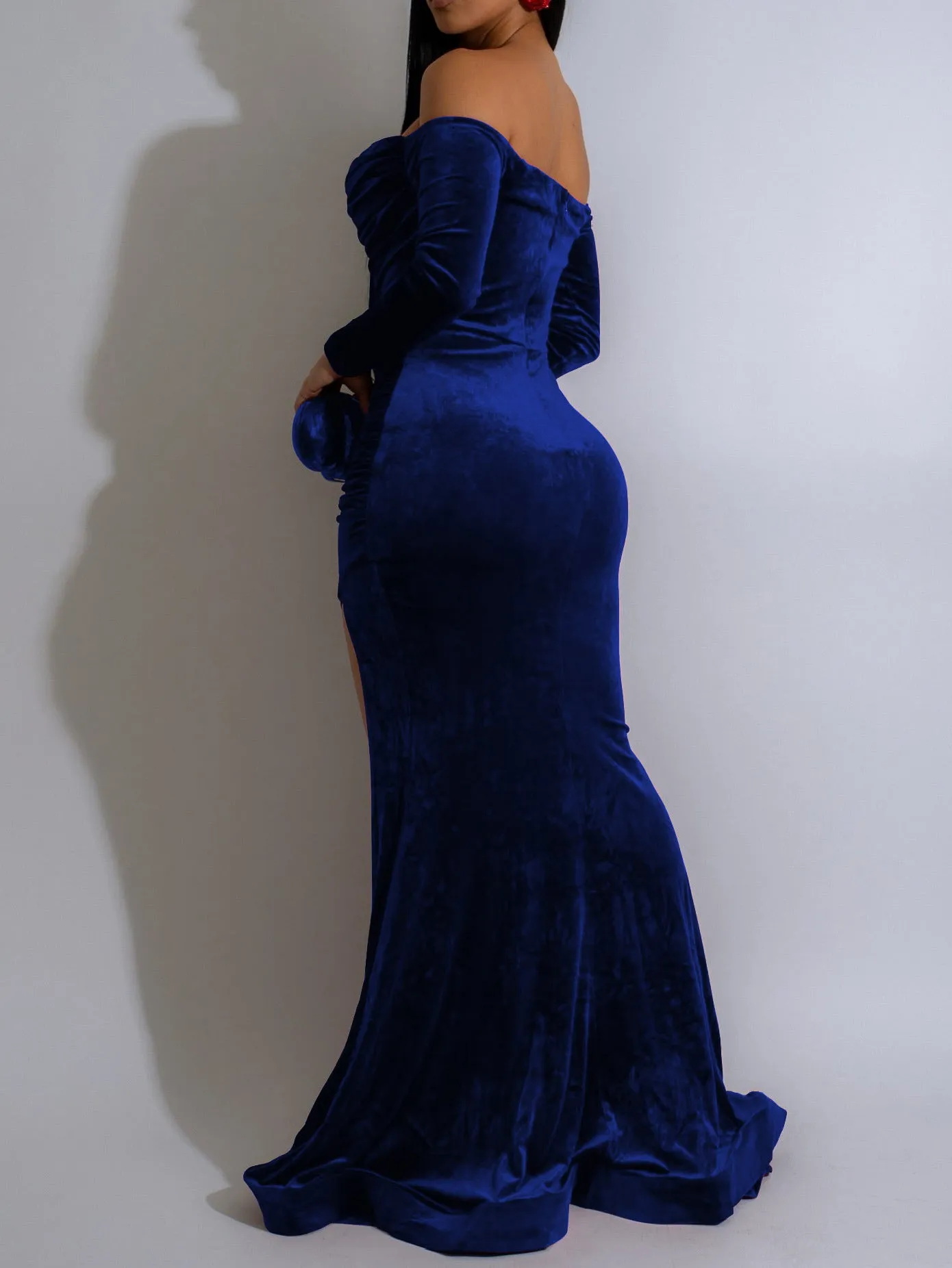 Elegant Allure Off-Shoulder Long Sleeve Velvet Evening Gown