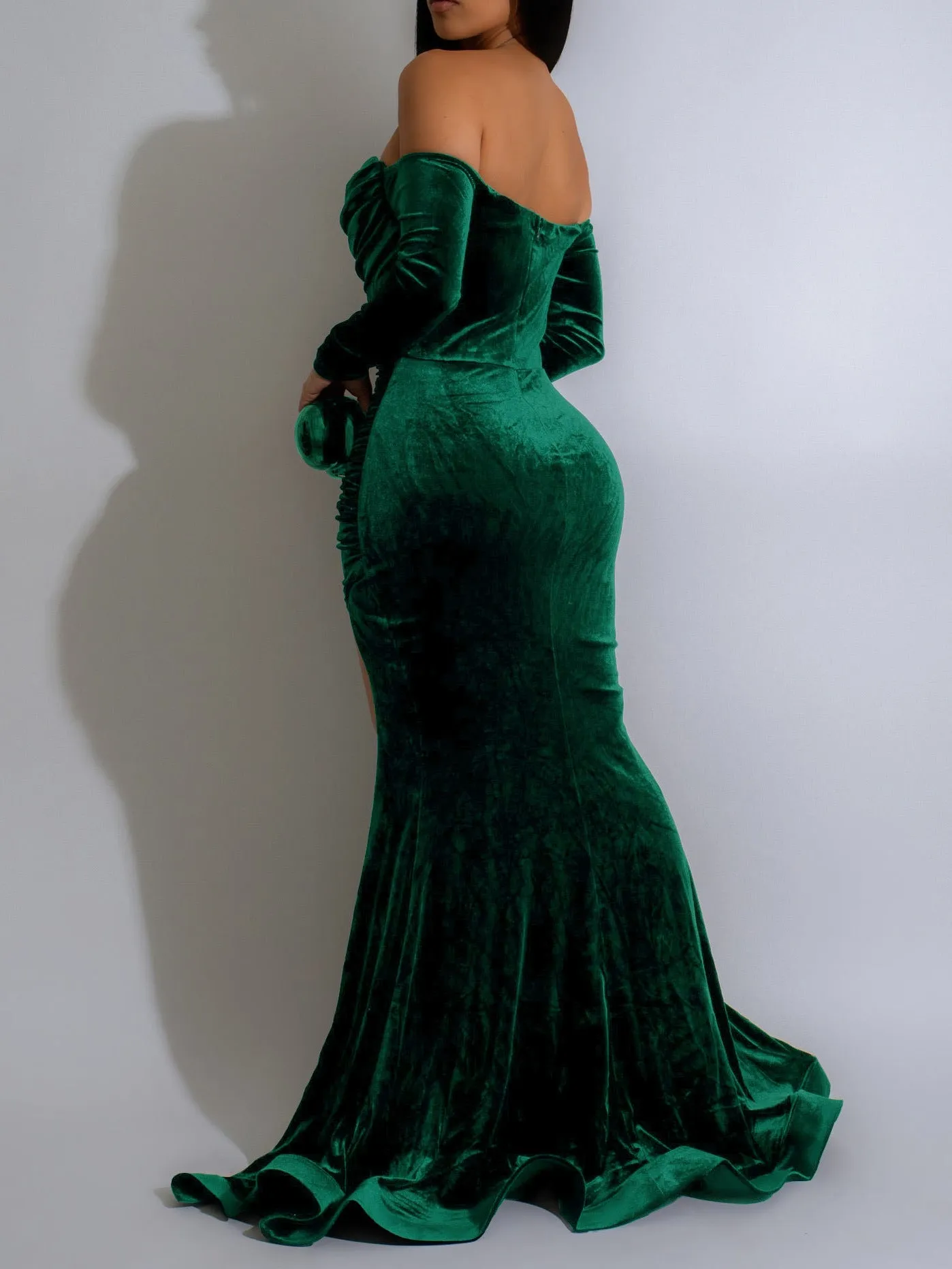 Elegant Allure Off-Shoulder Long Sleeve Velvet Evening Gown