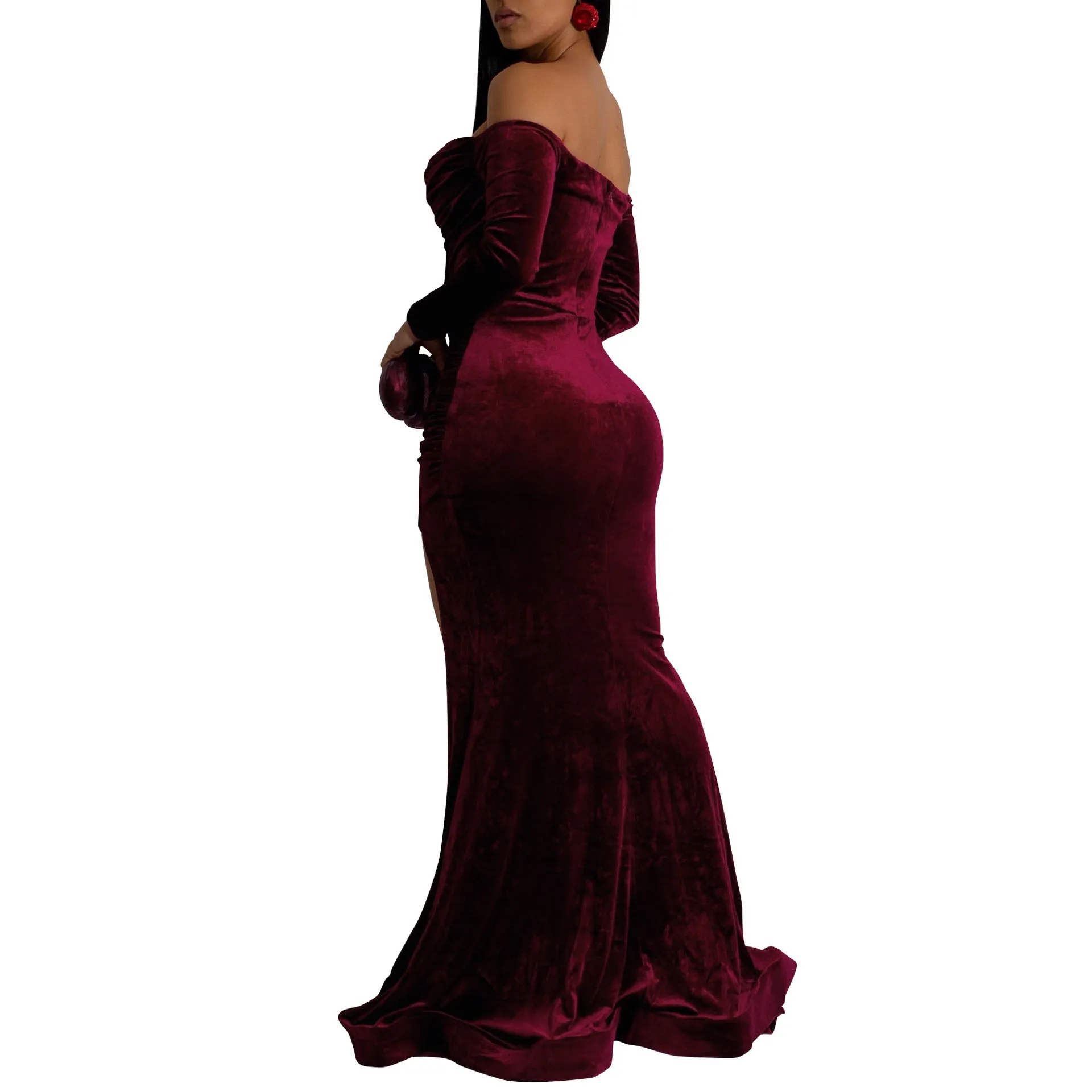 Elegant Allure Off-Shoulder Long Sleeve Velvet Evening Gown