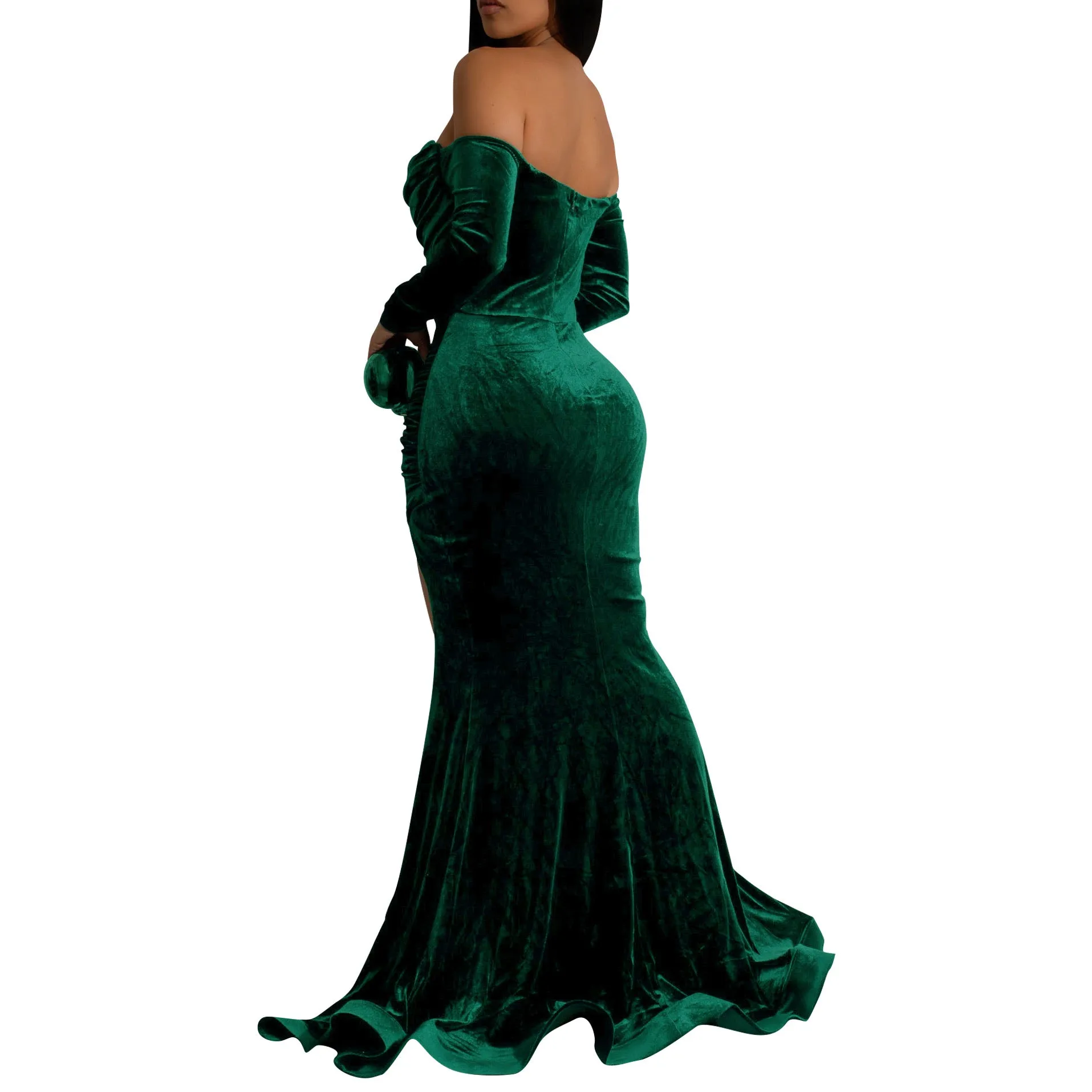 Elegant Allure Off-Shoulder Long Sleeve Velvet Evening Gown